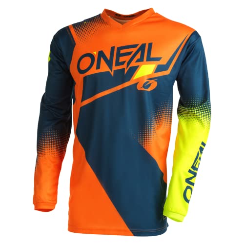 O'Neal | Maillot de Motocross de Manga Larga | MX Enduro | Protección Acolchada en los Codos, Cuello en V, Transpirable | Element Jersey Racewear V.22 | Adulto | Azul Naranja Amarillo Neón | Talla M