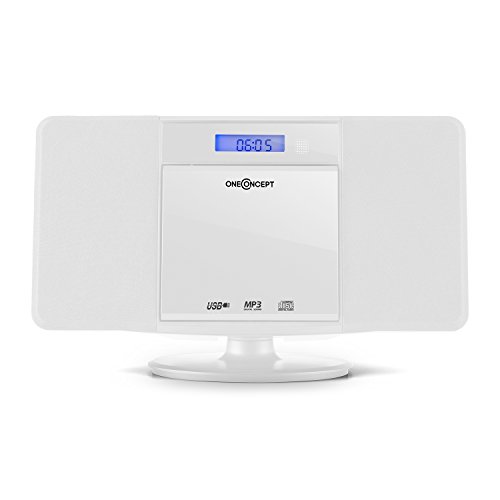 oneConcept V-13 - Equipo de música, Minicadenas de música con reproductor de CD, para casa con MP3, FM, USB, AUX, Pantalla LCD, Despertador, Autoapagado, Para pared, Bluetooth, Blanco