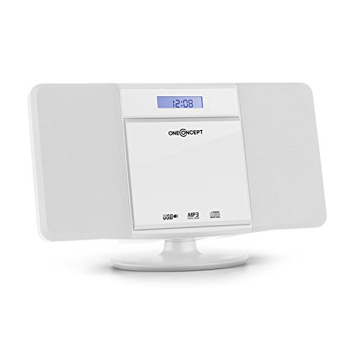 oneConcept V-13 - Equipo de música, Minicadenas de música con reproductor de CD, para casa con MP3, FM, USB, AUX, Pantalla LCD, Despertador, Autoapagado, Para pared, Bluetooth, Blanco