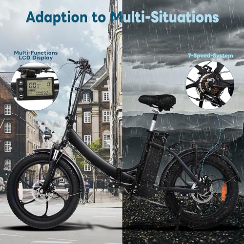 ONESPORT Bicicleta Eléctrica 20" Fatbike, 7 Velocidades Bicicleta Montaña Plegable Ebike 250W Motor, Extraíble Batería 36 V 10 Ah, MTB Alcance 45-100 km, Montaña Carretera E-Bike