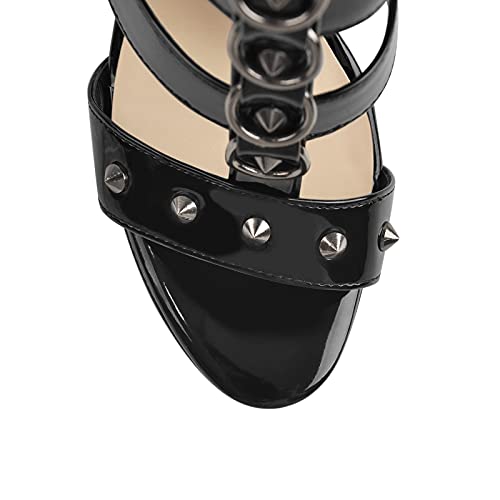 Only maker Sandalias de mujer con plataforma en T con tacones altos con tachuelas lacadas, color negro, Negro Metálico, 40 EU