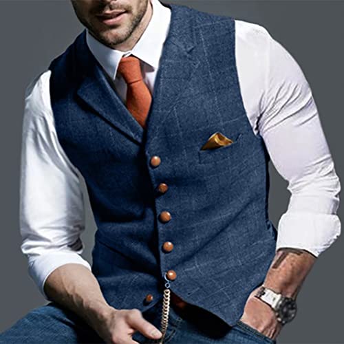 Onsoyours Chaleco para Hombre Chaleco de Traje de Tweed de Lana Informal Chaleco de Corte Ajustado Chaleco para Boda Padrino A Azul L