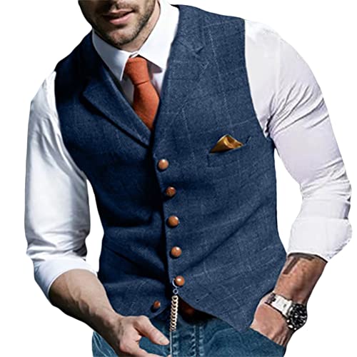 Onsoyours Chaleco para Hombre Chaleco de Traje de Tweed de Lana Informal Chaleco de Corte Ajustado Chaleco para Boda Padrino A Azul L