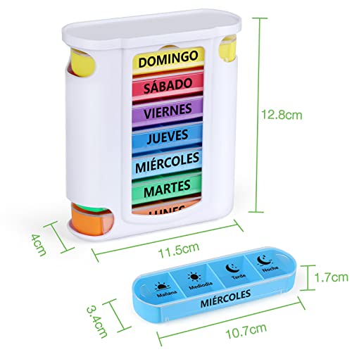 Opret Pastillero Semanal 4 Tomas Español, Pastillero Diario Grande 7 Dias, Dosificador de Comprimidos con 28 Compartimentos, Organizador de Pastillas para Viaje