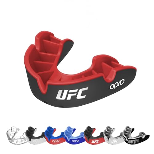 Opro Protector bucal Silver Level UFC para adultos y jóvenes con funda, protector bucal con revolucionaria tecnología de ajuste para UFC, MMA, boxeo, BJJ y otros deportes de combate (negro, adulto)