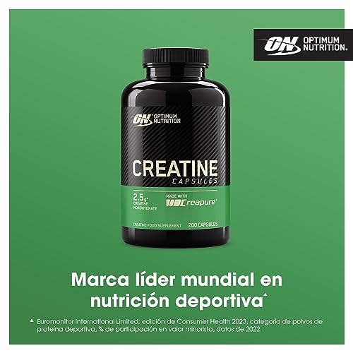 Optimum Nutrition Cápsulas de Creatina, 2500mg de Monohidrato de Creatina por Porción, Sin sabor, Suplemento Alimenticio para Apoyar el Rendimiento, 100 porciones, 200 cápsulas