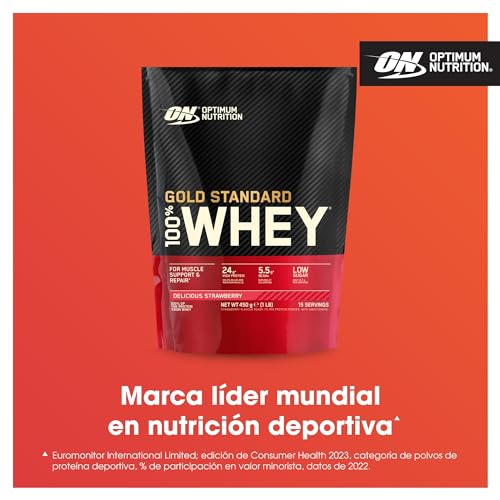 Optimum Nutrition Gold Standard 100% Whey, Proteína en Polvo para Recuperacíon y Desarrollo Muscular con Glutamina Natural y Aminoácidos BCAA, Sabor Fresa Deliciosa, 15 Dosis, 450 g