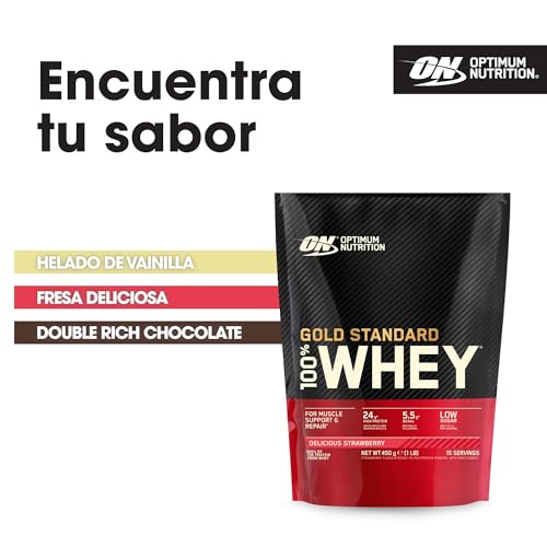 Optimum Nutrition Gold Standard 100% Whey, Proteína en Polvo para Recuperacíon y Desarrollo Muscular con Glutamina Natural y Aminoácidos BCAA, Sabor Fresa Deliciosa, 15 Dosis, 450 g