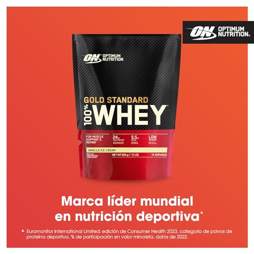 Optimum Nutrition Gold Standard 100% Whey, Proteína en Polvo para Recuperacíon y Desarrollo Muscular con Glutamina Natural y Aminoácidos BCAA, Sabor Helado de Vainilla, 15 Dosis, 450 g