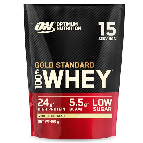 Optimum Nutrition Gold Standard 100% Whey, Proteína en Polvo para Recuperacíon y Desarrollo Muscular con Glutamina Natural y Aminoácidos BCAA, Sabor Helado de Vainilla, 15 Dosis, 450 g