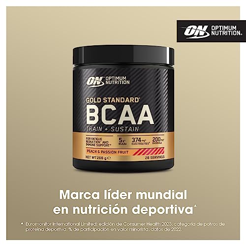 Optimum Nutrition Gold Standard BCAA Train + Sustain, Aminoácidos Polvo Pre Entrenamiento, Bebida Deportiva con Vit. C, Zinc, Magnesio y Electrol., Sabor Melocotón y Fruta de la Pasión, 28 Por., 266 g