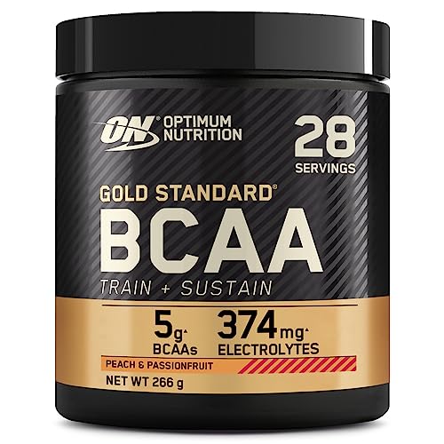 Optimum Nutrition Gold Standard BCAA Train + Sustain, Aminoácidos Polvo Pre Entrenamiento, Bebida Deportiva con Vit. C, Zinc, Magnesio y Electrol., Sabor Melocotón y Fruta de la Pasión, 28 Por., 266 g