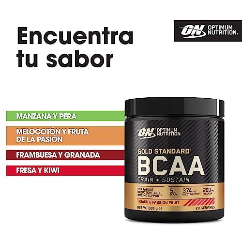 Optimum Nutrition Gold Standard BCAA Train + Sustain, Aminoácidos Polvo Pre Entrenamiento, Bebida Deportiva con Vit. C, Zinc, Magnesio y Electrol., Sabor Melocotón y Fruta de la Pasión, 28 Por., 266 g