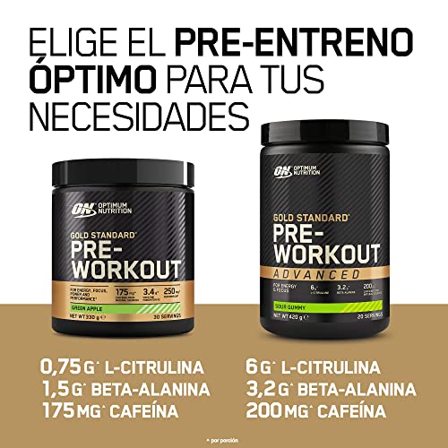 Optimum Nutrition Gold Standard Polvo Avanzado Pre Entrenamiento, Energy Booster con L-Citrulina, Beta Alanina, Cafeína y Vitaminas B12 y B6, Sabor Gominola Agria, 20 Porciones, 420 g