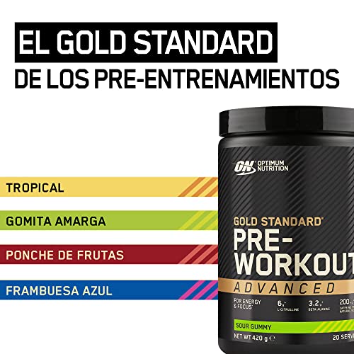 Optimum Nutrition Gold Standard Polvo Avanzado Pre Entrenamiento, Energy Booster con L-Citrulina, Beta Alanina, Cafeína y Vitaminas B12 y B6, Sabor Gominola Agria, 20 Porciones, 420 g