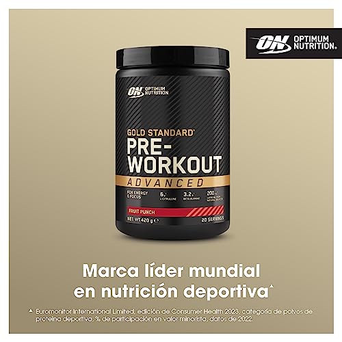 Optimum Nutrition Gold Standard Polvo Avanzado Pre Entrenamiento, Energy Booster con L-Citrulina, Beta Alanina, Cafeína y Vitaminas B12 y B6, Sabor Ponche de Frutas, 20 Porciones, 420 g