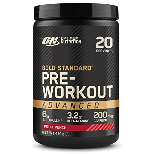 Optimum Nutrition Gold Standard Polvo Avanzado Pre Entrenamiento, Energy Booster con L-Citrulina, Beta Alanina, Cafeína y Vitaminas B12 y B6, Sabor Ponche de Frutas, 20 Porciones, 420 g