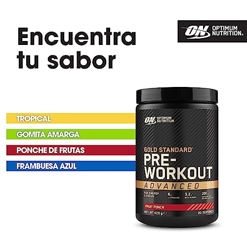 Optimum Nutrition Gold Standard Polvo Avanzado Pre Entrenamiento, Energy Booster con L-Citrulina, Beta Alanina, Cafeína y Vitaminas B12 y B6, Sabor Ponche de Frutas, 20 Porciones, 420 g