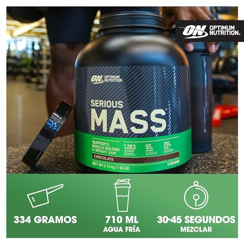 Optimum Nutrition Serious Mass Proteína en Polvo Alta en Calorías, Ganador de Masa Muscular con 25 Vitaminas y Minerales, Monohidrato de Creatina y Glutamina, Sabor Fresa, 8 Dosis, 2,73 kg