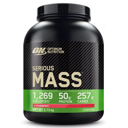 Optimum Nutrition Serious Mass Proteína en Polvo Alta en Calorías, Ganador de Masa Muscular con 25 Vitaminas y Minerales, Monohidrato de Creatina y Glutamina, Sabor Fresa, 8 Dosis, 2,73 kg