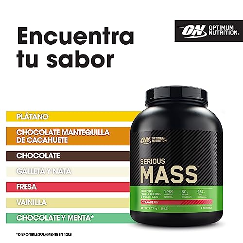 Optimum Nutrition Serious Mass Proteína en Polvo Alta en Calorías, Ganador de Masa Muscular con 25 Vitaminas y Minerales, Monohidrato de Creatina y Glutamina, Sabor Fresa, 8 Dosis, 2,73 kg