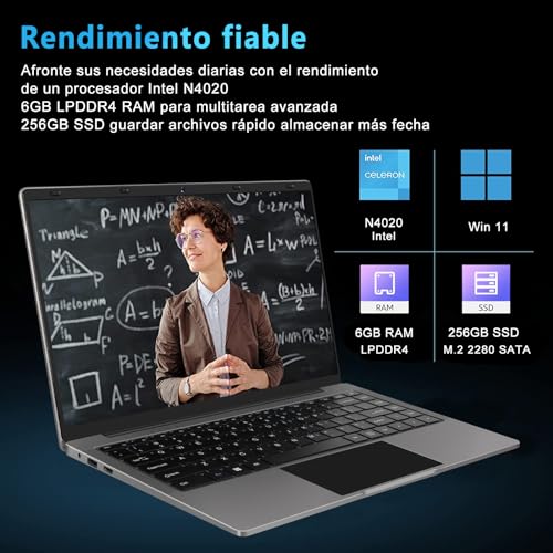 Ordenador Portátil 14" Win 11 256GB SSD Soporte 1TB SSD Expansión computadora portatil 2.4G+5G WiFi Bluetooth 4.2 USB HDMI 1920x1080 FHD con Ratón Inalámbrico y Teclado Español Membrana - Gris