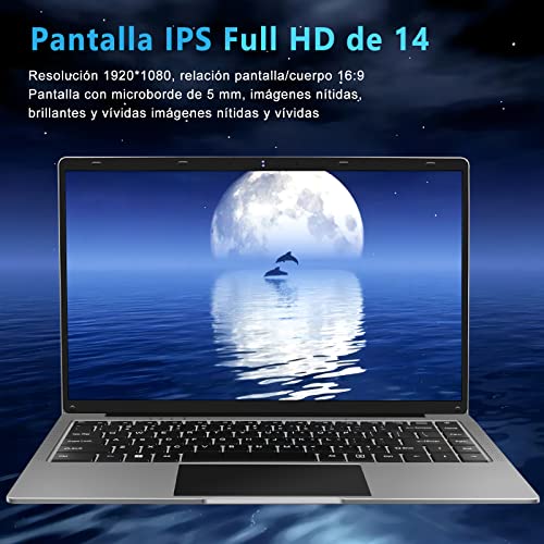 Ordenador Portátil 14" Win 11 256GB SSD Soporte 1TB SSD Expansión computadora portatil 2.4G+5G WiFi Bluetooth 4.2 USB HDMI 1920x1080 FHD con Ratón Inalámbrico y Teclado Español Membrana - Gris