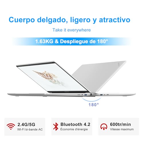 Ordenador Portátil 15.6" WIN 11 Portátiles Intel J4105( Quad-Core ) FHD,2.4G+5G WiFi Bluetooth Mini HDMI,256GB SSD Admite expansión 1TB ‎Plata con ratón inalambrico&Protector de Teclado QWERTY Español