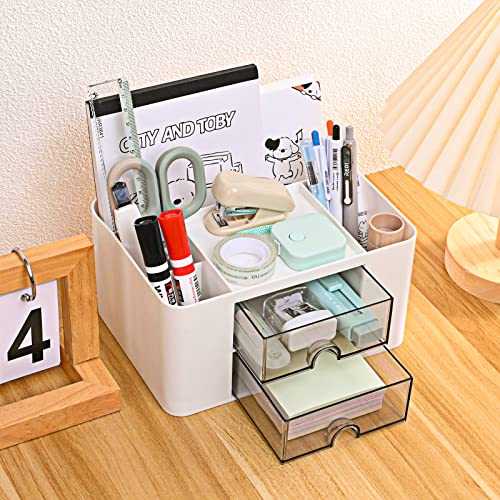 Organizador escritorio versátil con 5 compartimentos, 2 cajones y opciones de almacenamiento multifuncionales - ideal para suministros de oficina, artículos de papelería y accesorios de escritorio.