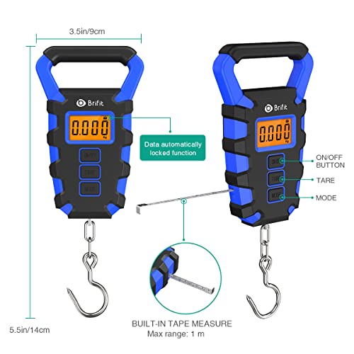 ORIA Báscula de Equipaje Digital, Báscula de Pesca Digital con Gancho, Báscula de Equipaje de 50Kg, Báscula Colgante Impermeable IPX4, Pantalla LCD Retroiluminada y 2 Baterías AAA - Azul Oscuro