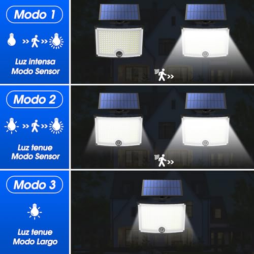 Ortiny Luz Solar Exterior 【202 LED | 3 Modos | IP65 | 2 Paquete】 Focos Exterior Solares | Focos led exterior solares | Lamparas Exterior para Jardín | con Sensor de Movimiento Garajes Luces de Jardin