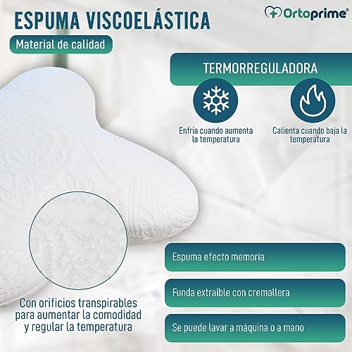 OrtoPrime Almohada Viscoelástica Mariposa Confort - Almohada Cervical Viscoelástica - Almohada cervicales y Cuello - Almohada para Dormir de Lado - Almohadas Cervicales para Dormir Espuma DE Memoria