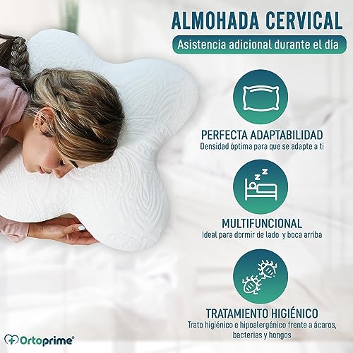 OrtoPrime Almohada Viscoelástica Mariposa Confort - Almohada Cervical Viscoelástica - Almohada cervicales y Cuello - Almohada para Dormir de Lado - Almohadas Cervicales para Dormir Espuma DE Memoria