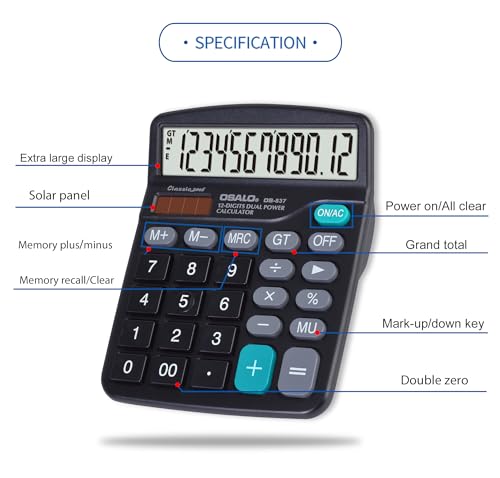 OSALO Calculadoras de escritorio, calculadora básica de escritorio de 12 dígitos con pantalla LCD grande y botones sensibles grandes, batería solar de doble potencia, función estándar para oficina,