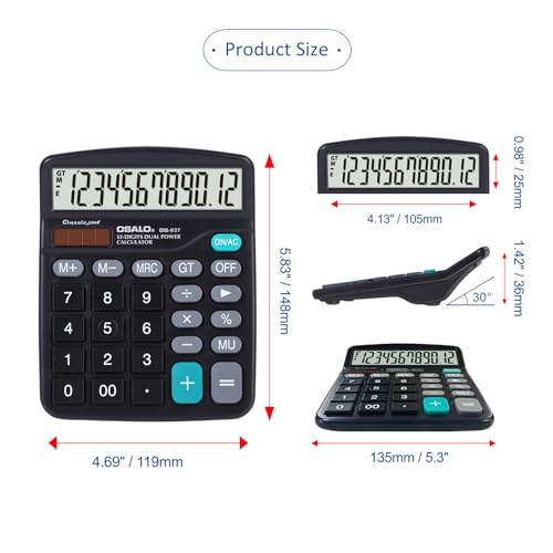 OSALO Calculadoras de escritorio, calculadora básica de escritorio de 12 dígitos con pantalla LCD grande y botones sensibles grandes, batería solar de doble potencia, función estándar para oficina,