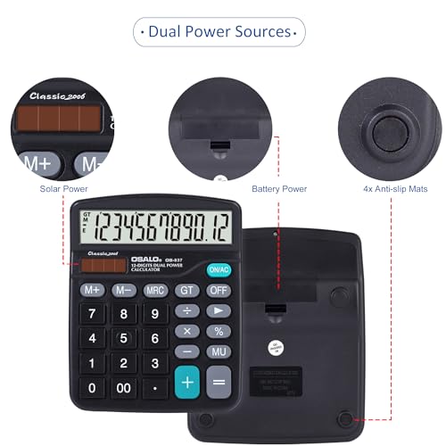 OSALO Calculadoras de escritorio, calculadora básica de escritorio de 12 dígitos con pantalla LCD grande y botones sensibles grandes, batería solar de doble potencia, función estándar para oficina,