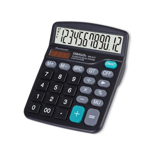 OSALO Calculadoras de escritorio, calculadora básica de escritorio de 12 dígitos con pantalla LCD grande y botones sensibles grandes, batería solar de doble potencia, función estándar para oficina,