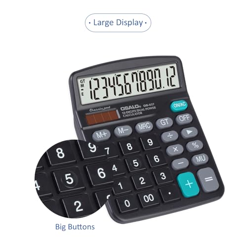 OSALO Calculadoras de escritorio, calculadora básica de escritorio de 12 dígitos con pantalla LCD grande y botones sensibles grandes, batería solar de doble potencia, función estándar para oficina,