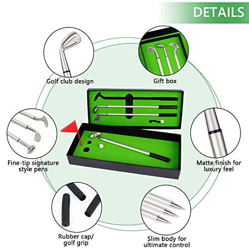 OSDUE Juego de Bolígrafos de Golf, Minibolígrafo de Club de Golf con Bandera, Regalo de Decoración de Papelería, 3 Soportes para Bolígrafos de Golf con 1 Bandera Pequeña, 4 Bolas y 9 Recambios