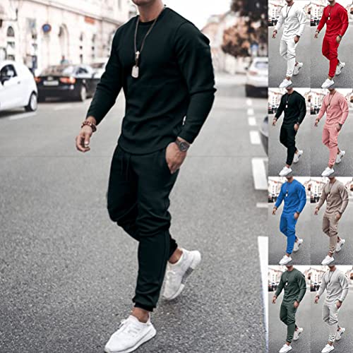 Osheoiso Chándal Hombres Manga Larga Camiseta + Pantalones Deportiva Ropa Chándales 2 Piezas Otoño e Invierno Tallas Grandes Color Sólido Shirt Tops de Hombre A Verde M