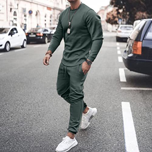 Osheoiso Chándal Hombres Manga Larga Camiseta + Pantalones Deportiva Ropa Chándales 2 Piezas Otoño e Invierno Tallas Grandes Color Sólido Shirt Tops de Hombre A Verde M