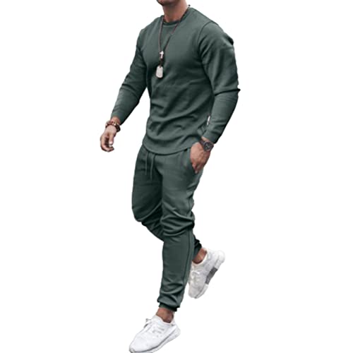 Osheoiso Chándal Hombres Manga Larga Camiseta + Pantalones Deportiva Ropa Chándales 2 Piezas Otoño e Invierno Tallas Grandes Color Sólido Shirt Tops de Hombre A Verde M