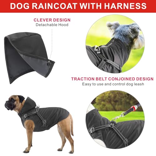 Oslueidy Chubasquero para Perros con Arnés, Chaqueta Impermeable para Perros con Capucha, Abrigo Impermeable Ropa Impermeable para Perros pequeños medianos Grandes (Medium, Negro)