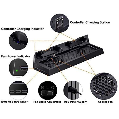 OSTENT Soporte vertical del concentrador del USB del fan de enfriamiento del cargador del regulador dual para la consola de Sony PS4 / Slim/Pro