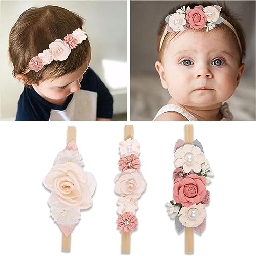 OSUWLSI 3 Piezas Diademas De NNailon Para Niña Bebé Banda Elástica Para el Pelo Con Flores Lazos Accesorios Para el Cabello Para Recién Nacido Niño Pequeño