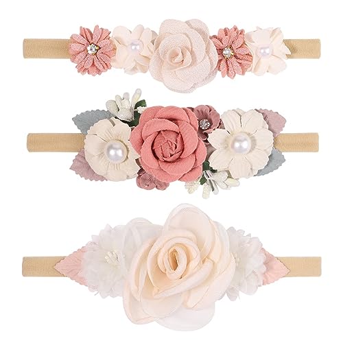 OSUWLSI 3 Piezas Diademas De NNailon Para Niña Bebé Banda Elástica Para el Pelo Con Flores Lazos Accesorios Para el Cabello Para Recién Nacido Niño Pequeño