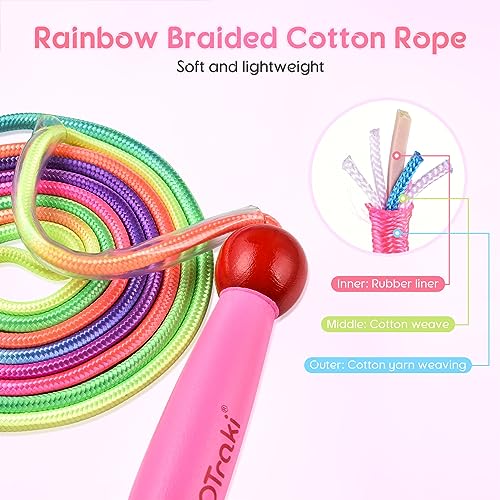 OTraki Cuerda Saltar Niños 1 Pack Ajustable Comba de Saltar Niña con Mango de Madera Skipping Rope Kids con Vistoso Cuerda de Algodón Jump Rope para Deportes Escolares Actividades Aire Libre Rosa