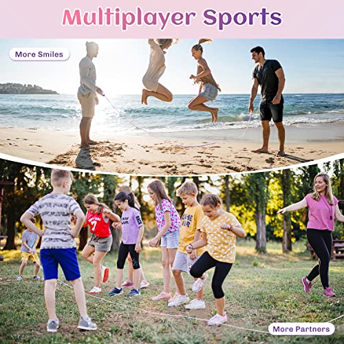 OTraki Cuerda Saltar Niños Adulto 5m Ajustable Grupos Comba de Saltar con Mango de Madera Jumping Rope Multijugador Skipping Rope de Algodón para Deportes Escolares Actividades Aire Libre Rosa Morado