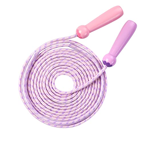 OTraki Cuerda Saltar Niños Adulto 5m Ajustable Grupos Comba de Saltar con Mango de Madera Jumping Rope Multijugador Skipping Rope de Algodón para Deportes Escolares Actividades Aire Libre Rosa Morado