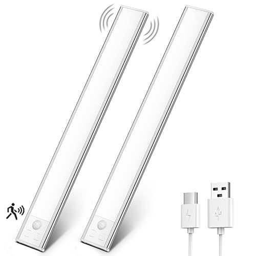 OUILA Luz de Armario con Sensor Movimiento 6000K Recargable Luz Nocturna,31CM Regulable Lampara LED Adhesiva para Gabinete, Pasillo, Escalera, Sótano, Cocina, Garaje-2 Packs